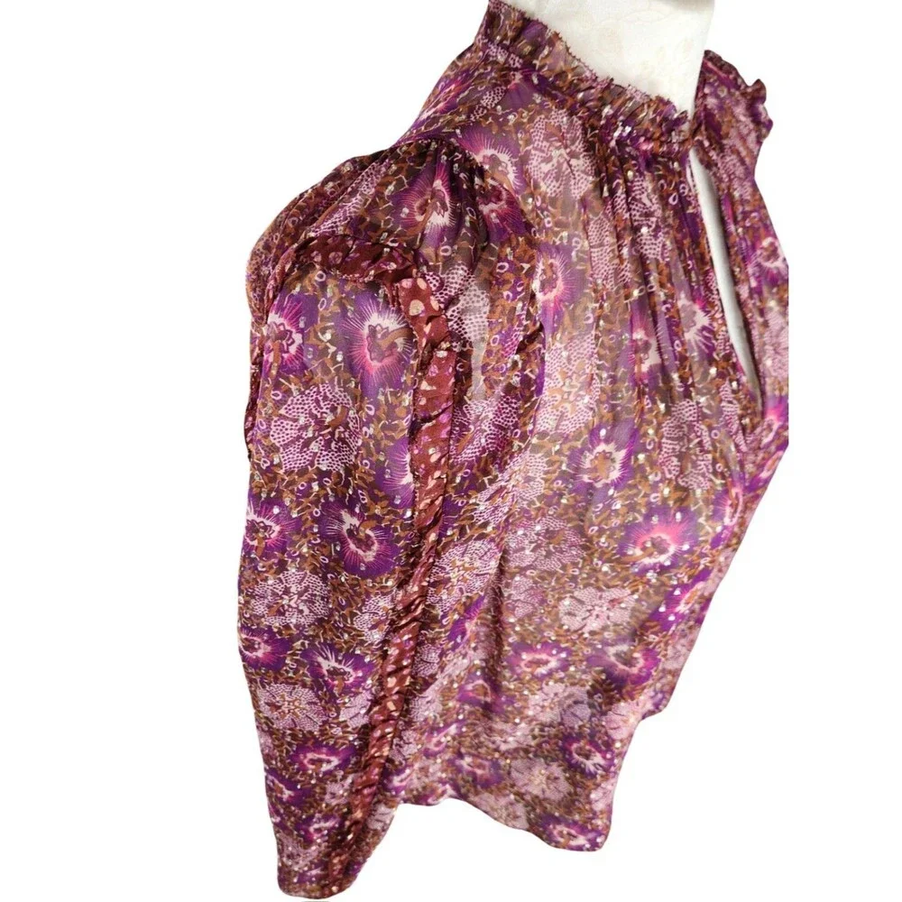 Ulla Johnson Marilla Blouse Silk Floral Sheer Ruffle Metallic Pink Top 8